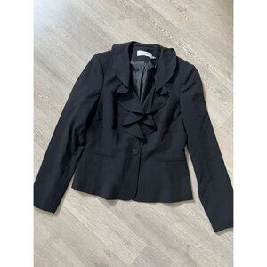 Calvin Klein Jacket Womens Size 4 Black Blazer Ruffle Neck One Button